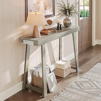 Huuger Entryway Console Table with Charging Station, USB-C Port, 39.4 Inch Sofa Table with Metal Legs, Entry Hallway Table with Thicker Desktop, Modern Behind Couch Table, Grey