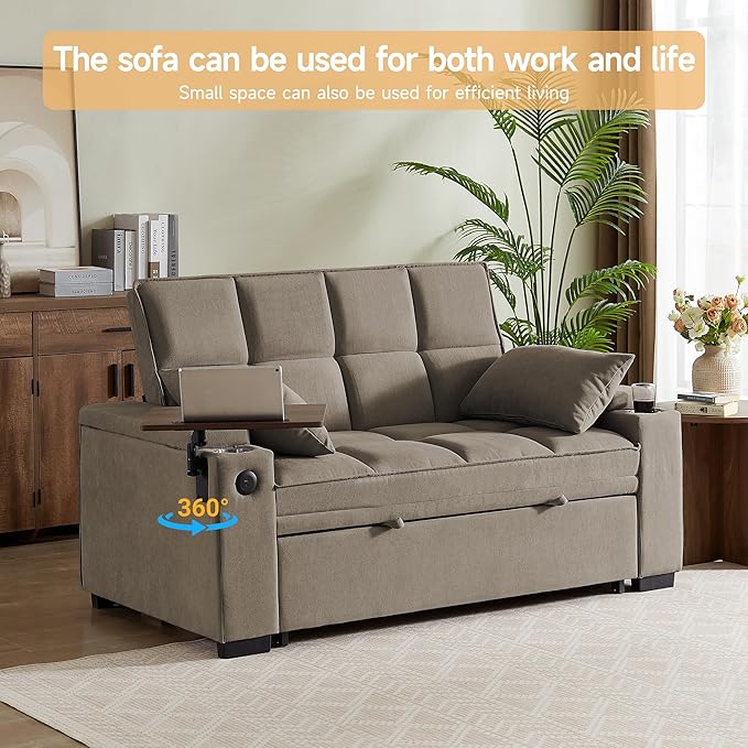 66" Multi-Functional Pull-Out Sofa Bed with Hidden Side Table, Storage Armrests, Built-in Charging Port, Spring Mattress, Solid Wood Frame – Ideal for Small Spaces, Easy Assembly
