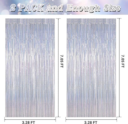 2 Pack Tinsel Backdrop, 3.28 FT x 7.05 FT Glitter Silver Fringe Curtains, Metallic Party Streamer Tinsel Backdrop Foil Curtains, Disco Party Supplies Engagement Decorations Bachelorette Decor