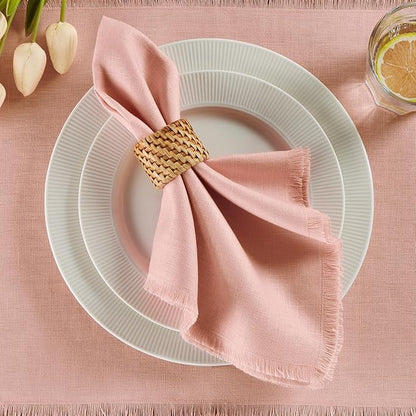 Solino Home Fringe Linen Cloth Napkins Set of 4-100% Pure Linen Misty Pink Dinner Napkins 20 x 20 Inch - Handcrafted and Machine Washable