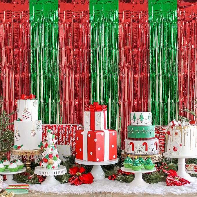 3 Pack Christmas Party Decorations, Red and Green Tinsel Foil Fringe Curtains,Ugly Sweater theme Photo Booth Prop Streamer Backdrop decor Indoor outdoor Party Supplies for Happy New Year party