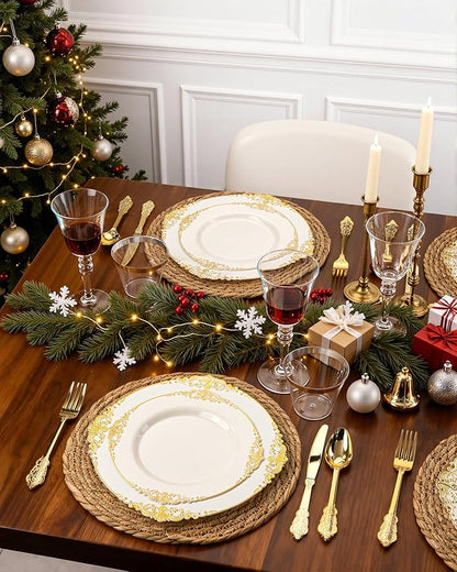 Nervure 350PCS Ivory Plastic Plates - Ivory Gold Plastic Dinnerware Sets for 50 Guests - 100 Gold Disposable Plates, 50 Pre Rolled Silverware Sets, 50 Cups Perfect for Wedding & Thanksgiving