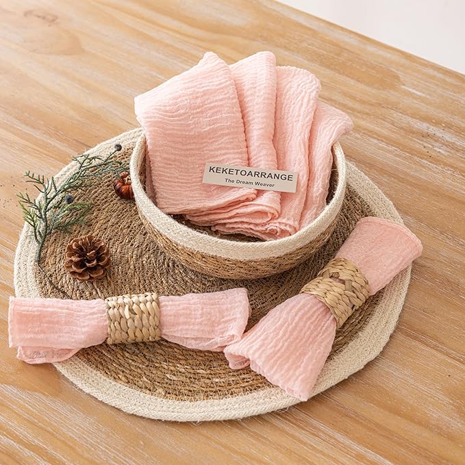 Cheesecloth Napkins 17x17 Inches Cloth Handmade Washable Reusable for Mothers Day Lunch Dinner Wedding Baby Bridal Shower Party Rustic Boho Decorations Bulk Set of 6 Pink
