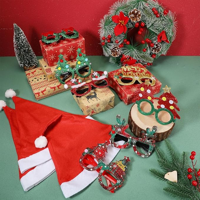 Hiboom 100 Piece Bulk Santa Hat Glasses Costume Set Christmas Santa Hats Xmas Tree Elk Glasses Funny Glitter Frames Eyewear for Christmas Holiday Party Gift Photo Booth Props Decorations