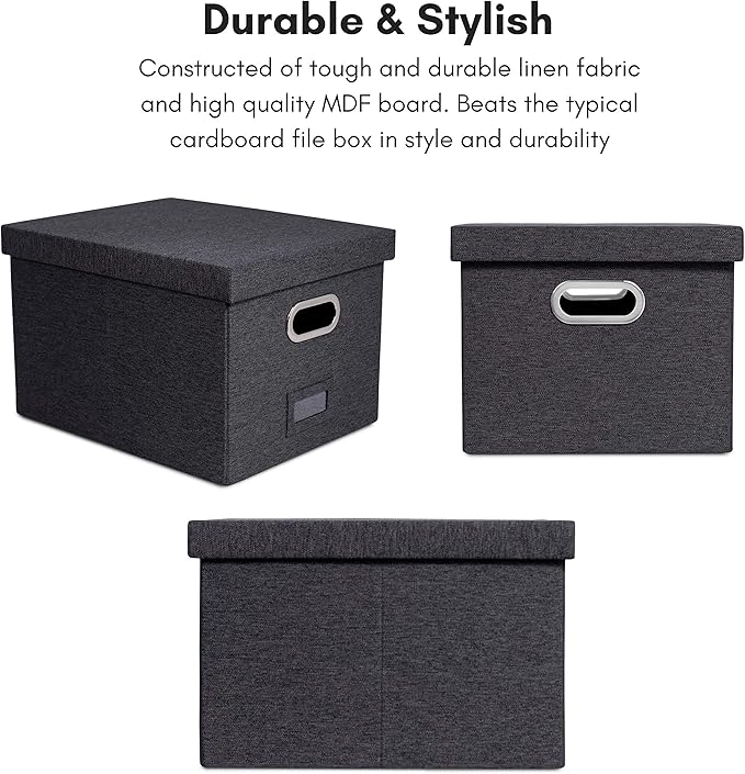 Internet's Best Collapsible File Storage Organizer with Lid - Decorative Linen Filing & Storage Office Box – Hanging Letter/Legal Folder – Home Office Bins Cabinet – Charcoal Container - 2 Pack