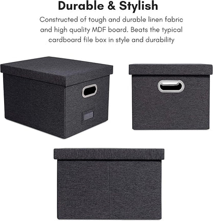 Internet's Best Collapsible File Storage Organizer with Lid - Decorative Linen Filing & Storage Office Box – Hanging Letter/Legal Folder – Home Office Bins Cabinet – Charcoal Container - 2 Pack