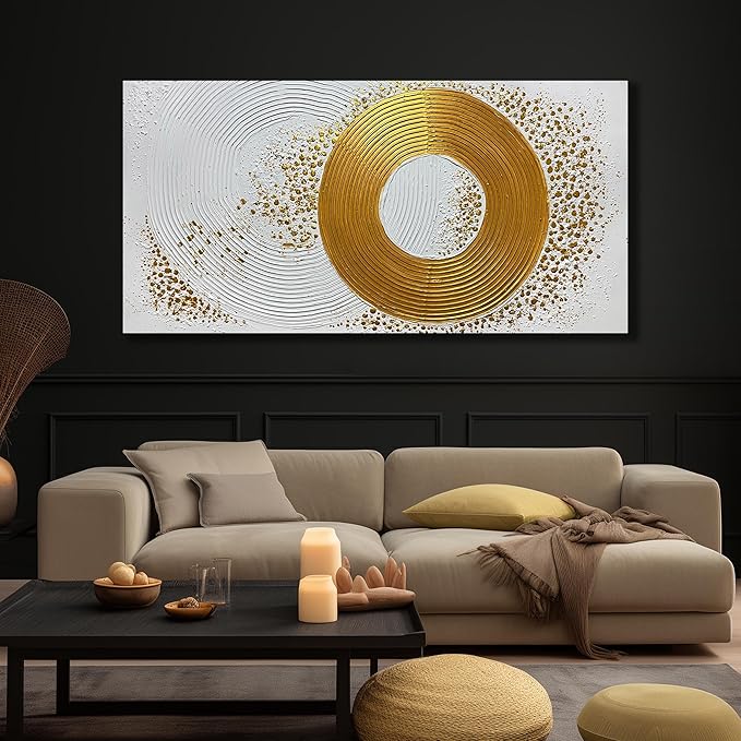 Abstract Circle Hand Painted Wall Art for Office White and Gold Pictures Wall Decor for Bedroom Extra Large Wall Art for Living Room Size 36 x 72 Inch