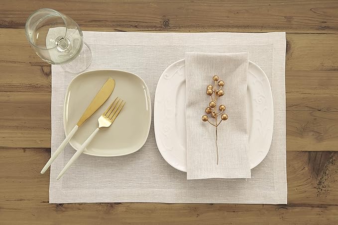 Solino Home Linen Placemats Set of 6 - Light Natural Placemats 14 x 19 Inch - 100% Pure Linen Table Mats for Fall, Autumn, Thanksgiving, Christmas, Holiday - Athena