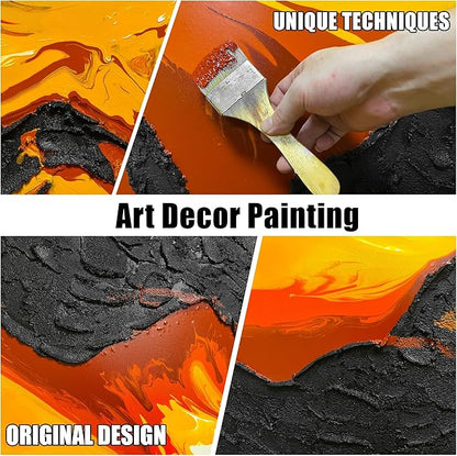GUGIKA Extra Large Abstract Wall Art for Living Room, Hand Painted 3D Textured Magma Paintings, Black and Gold Yellow Volcanic Lava Canvas Wall-Decor for Bedroom, Size 80x40 Inches