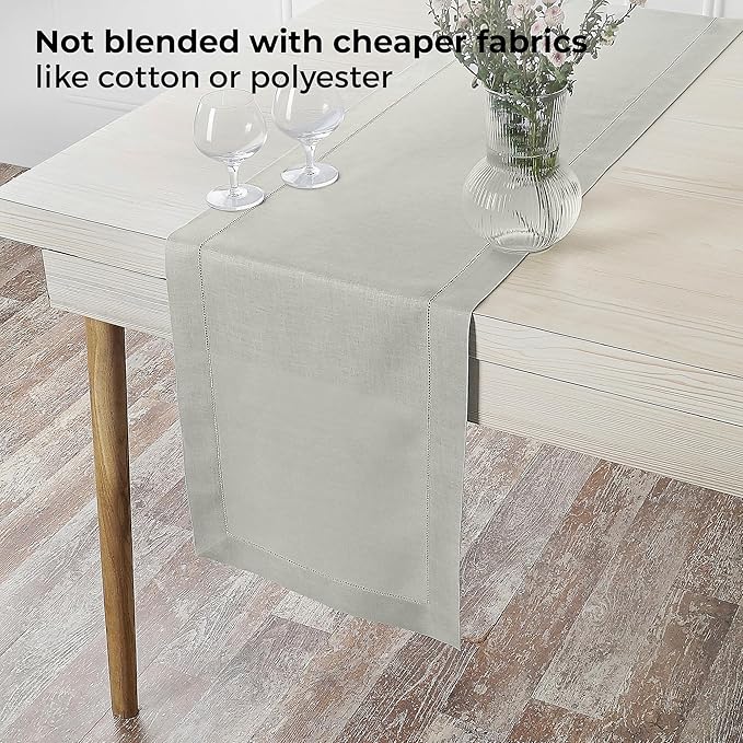D'Moksha Homes Linen Silver Grey Table Runner 120 Inches Long - 100% Pure Linen Hemstitch 14 x 120 Inch Table Runner for Dining, Winter, Christmas, Holiday - Classic Hemstitch