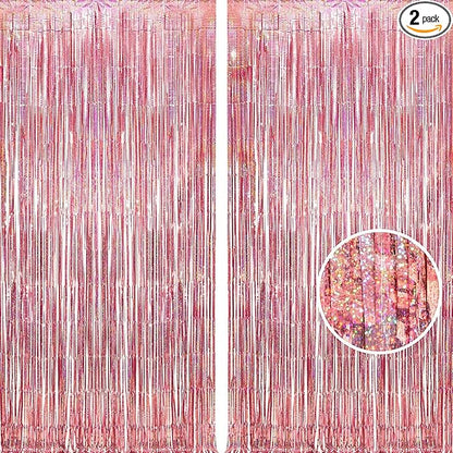 BRAVESHINE Rose-Gold Tinsel Foil Fringe Curtains - 2Pcs 3.2x8.2ft Metallic Holiday Photo Booth Backdrop Party Supplies for Birthdays Valentines Day Bridal Shower Bachelorette Engagement Party