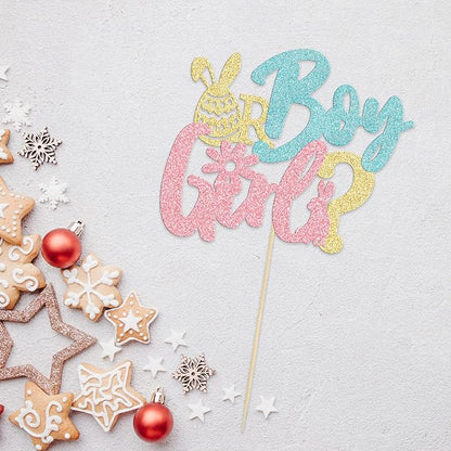 1Pc Happy Easter Boy or Girl Cake Topper Blue Pink Glitter Rabbit Bunny Gender Reveal Cake Food Pick Bunny Cake Decorations for Happy Easter Themed Baby Shower Kids Birthday Party Supplies
