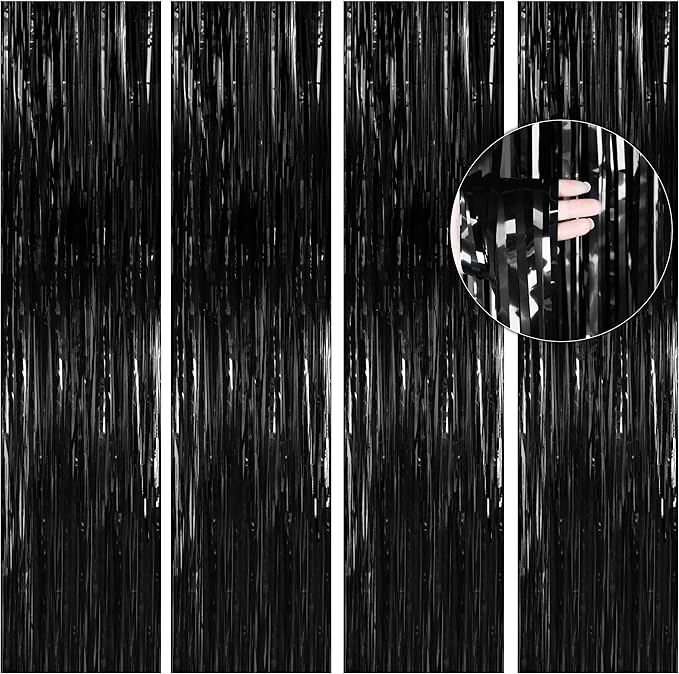 BTSD-home Black Foil Fringe Curtain, Metallic Photo Booth Backdrop Tinsel Door Curtains for Wedding Birthday Bridal Shower Baby Shower Bachelorette Christmas Party Decorations(4 Pack, 12ft x 8ft)
