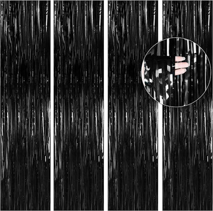 BTSD-home Black Foil Fringe Curtain, Metallic Photo Booth Backdrop Tinsel Door Curtains for Wedding Birthday Bridal Shower Baby Shower Bachelorette Christmas Party Decorations(4 Pack, 12ft x 8ft)