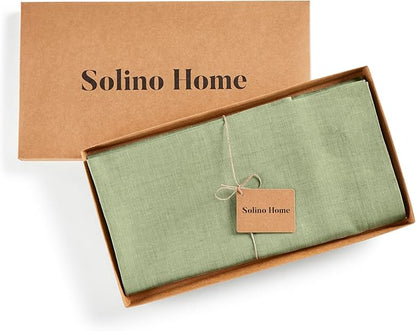 Solino Home Linen Cloth Tablecloth 52 x 52 Inch - 100% Pure Linen Chambray Olive Square Tablecloth - Athena, Machine Washable Table Throw for Fall, Autumn, Christmas, New Year