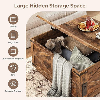 Farmhouse Lift Top Coffee Table, Square Wood Center Table with LED Lighting, USB-C Charging Station, and Hidden Storage Compartment - Rustic Brown Living Room Furniture