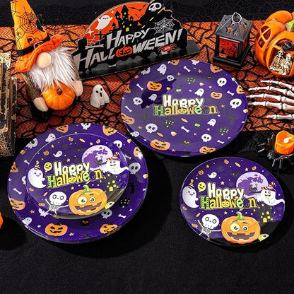 U-QE 20Pcs Halloween Plastic Plates - Cute Ghost and Pumpkins Design - Purple Plastic Plates Includes 10 10.25" Dinner & 10 7.5" Salad Plate - Perfect for Halloween Party, Ghost Party