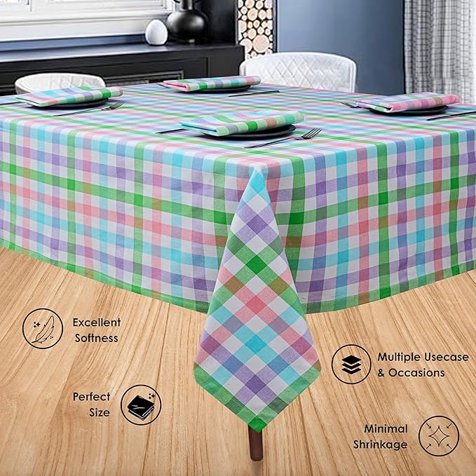 Multi Color Check 100% Cotton Tablecloth, Table Cover 52x70 Inch, Fits 4-6 Seats, Soft, Durable, Washable, Wrinkle Resistant, Rectangle Table Cloth for Dining, Birthdays, All Seasons