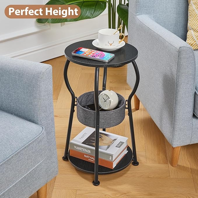 Small Round Side Table with Storage Bag, 3-Tier Accent Round End Table with Four Storage Functions for Living Room, 21.6" H Vintage Smalls Corner Table for Small Spaces Nightstand Bedroom