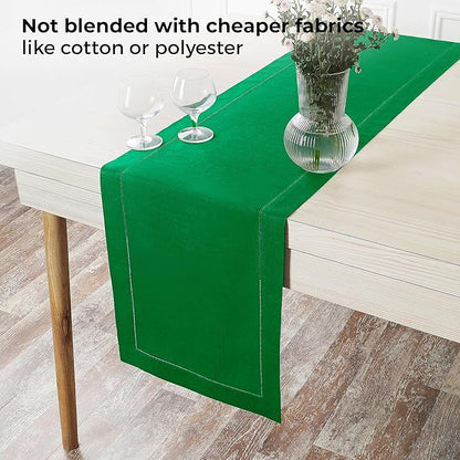 D'Moksha Homes Linen Kelly Green Table Runner 144 Inches Long - 100% Pure Linen Extra Long Table Runner 14 x 144 Inch for Winter, Christmas, Holiday - Classic Hemstitch