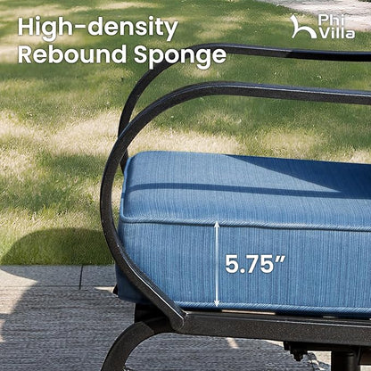 PHI VILLA 8 PCS Patio Furniture Set with Fire Pit Table,Metal Outdoor Furniture with 1 x 3-Seat Bench Sofa, 2 x Swivel Sofa Chairs, 2 x Leg Chair & 2 x Ottoman, Modern Patio Set, Peacock Blue