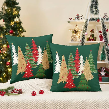 Christmas Pillow Covers 18x18 Inch Set of 2 Green Decorative Christmas Tree Throw Pillows Linen Winter Holiday Decor for Home Sofa Couch Bed Chair