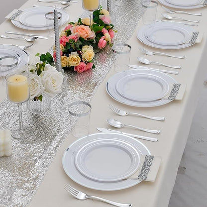350 PCS Silver Plastic Dinnerware for 50 Guests,Silver and White Disposable Plates for Party Wedding with Napkins, 50 Dinner Plates, 50 Dessert Plates, 50 Silverware Set, 50 Cups
