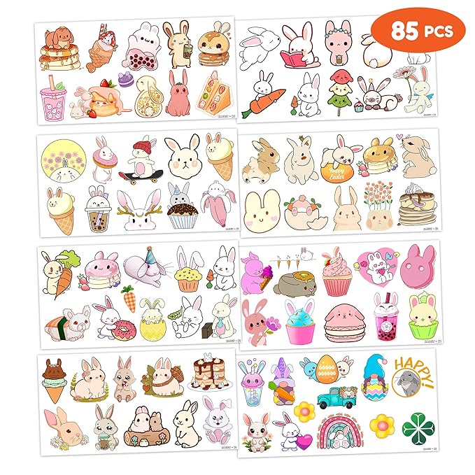Bunny Temporary Tattoos 8 Sheets 85PCS Rabbit Bunny Party Decorations Favors Supplies Easter Bunny Theme Birthday Cute Tattoo Stickers Christmas Gifts for Boys Girls Kids Class School Prizes Carnival