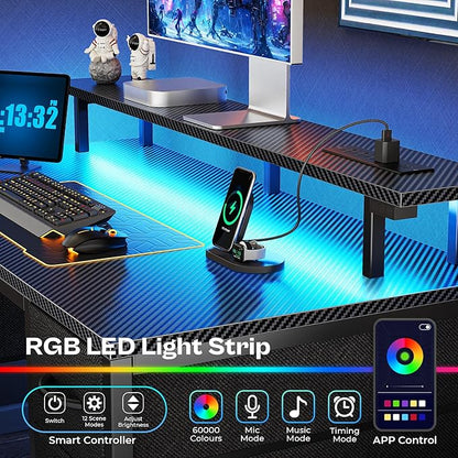 Huuger 47 inch Computer Desk with 4 Drawers, Gaming Desk with LED Lights & Power Outlets, Home Office Desk with Large Storage Space for Bedroom, Work from Home, Carbon Fibre Black