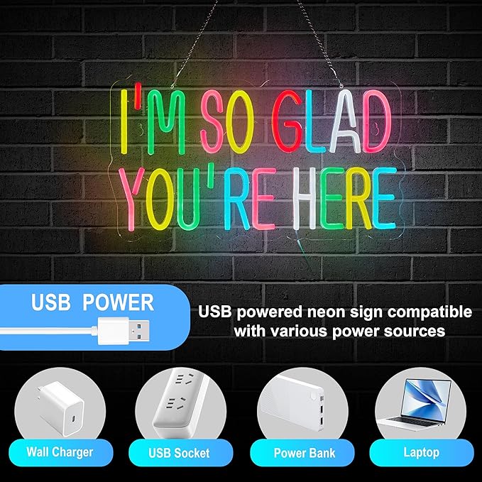 I'm So Glad You're Here Neon Sign for Classroom Wall Décor Dimmable LED Neon Light USB Powered Neon Art Signs Decor