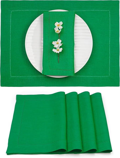D'Moksha Homes Linen Placemats Set of 4 - Classic Hemstitch Kelly Green Placemats 14 x 19 Inch - 100% Pure Linen Table Mats for Christmas, Holiday - Handcrafted and Machine Washable