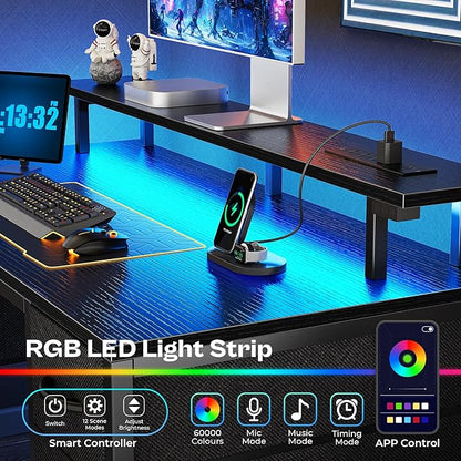 Huuger 55 inch Computer Desk with 4 Drawers, Gaming Desk with LED Lights & Power Outlets, Home Office Desk with Large Storage Space for Bedroom, Work from Home, Black