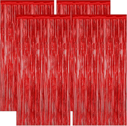 4 Pack Red Backdrop, 3.28 FT x 7.05 FT Party Streamer, Metallic Birthday Tinsel Backdrop Foil Fringe Curtains, Door Streamer for Red Party Decorations Casino Decor Photo Booth Props