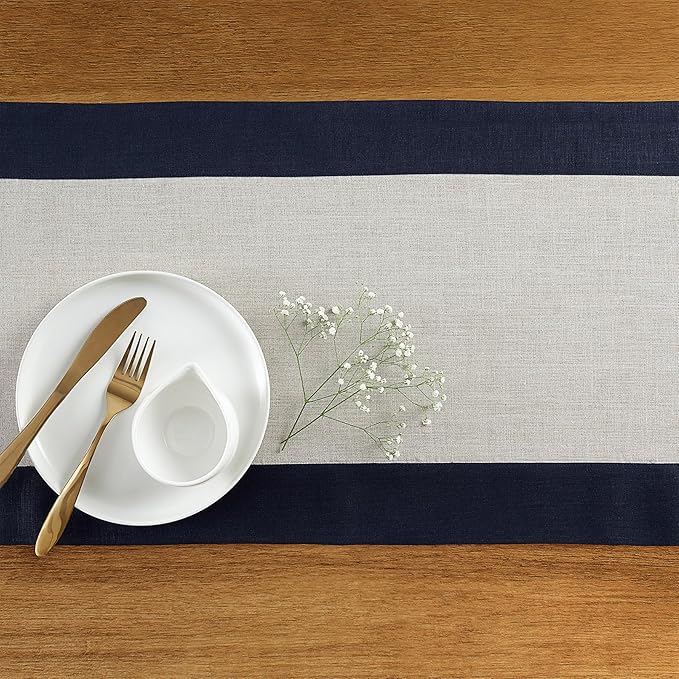Solino Home Linen Table Runner 108 Inches Long - Navy and Natural 100% Pure Linen 14 x 108 Inch Table Runner for Dining, Fall, Autumn, Winter - Contempo