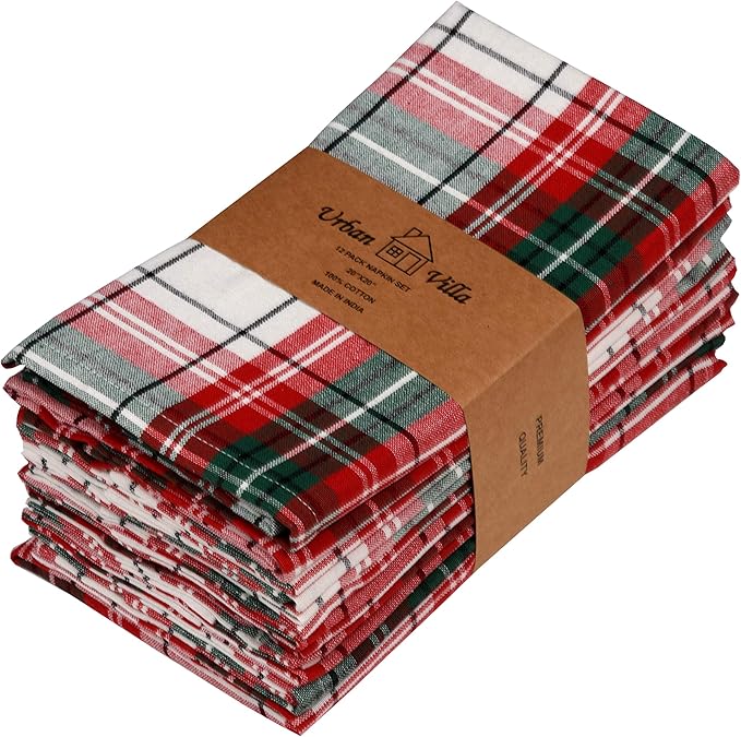 Urban Villa Cloth Napkins Set of 12 20x20 Inches 100% Cotton Napkins Cloth Washable Durable Reusable Absorbent Table Dinner Napkins Cloth for Christmas Hotel Lunch Restaurant Parties - Christ Checks