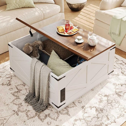 Farmhouse Lift Top Coffee Table, Square Wood Center Table with LED Lighting, USB-C Charging Station, and Hidden Storage Compartment - Rustic White & Oak Living Room Furniture