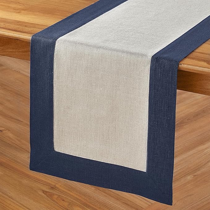 Solino Home Linen Table Runner 108 Inches Long - Navy and Natural 100% Pure Linen 14 x 108 Inch Table Runner for Dining, Fall, Autumn, Winter - Contempo