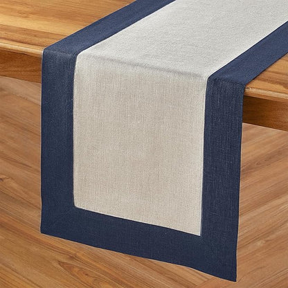 Solino Home Linen Table Runner 108 Inches Long - Navy and Natural 100% Pure Linen 14 x 108 Inch Table Runner for Dining, Fall, Autumn, Winter - Contempo