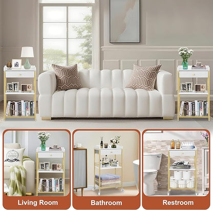 Small Tall Side Table with Storage Basket, High End Table with Drawer, 4-Tier Bathroom Storage Shelves with Optional Wheels, Nightstand for Dorm, Living Room, Bedroom, Gold & White