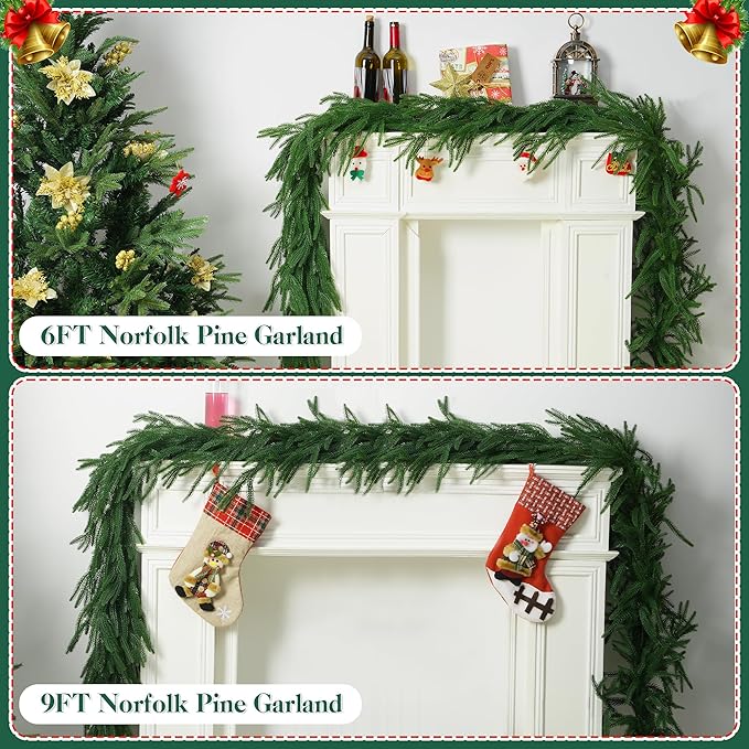 2 PCS-9FT Artificial Norfolk Pine Garlands - Real Touch Winter Pine Garland, Green Artificial Greenery Garland for Table, Mantle, Wall, Indoor, Outdoor Christmas Decorations