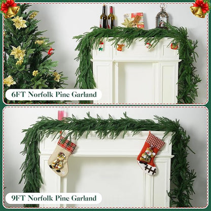 2 PCS-9FT Artificial Norfolk Pine Garlands - Real Touch Winter Pine Garland, Green Artificial Greenery Garland for Table, Mantle, Wall, Indoor, Outdoor Christmas Decorations