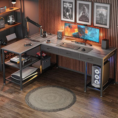 PRAISUN 55 Inch L Shaped Office Desk with Power Outlets and Type-C Port, Large Computer Gaming Desk with 3 Fabric Drawers, Mesh Shelves, Corner Study Work Writing Desk, Grey