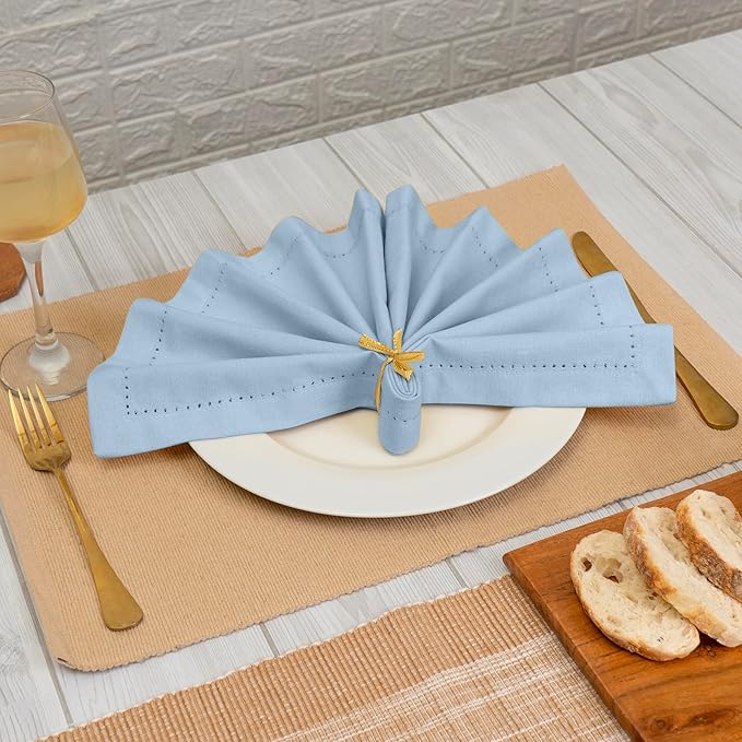 Blue Needles Set of 12 Hemstitch Linen Napkins 100% Cotton Ice Blue Cloth Dinner Napkins 18x18 inches, Soft, Reusable, Absorbent, Washable, Ideal for Fall Thanksgiving Events, Parties & Everyday Use