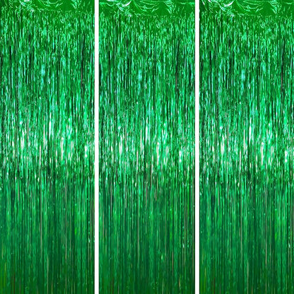 3 Pack 3.3 x 6.6 ft Green Foil Fringe Backdrop Curtains, Tinsel Streamers Party Decorations, Fringe Backdrop for Birthday, Dinosaur, St Patrick's Day, Soccer, Christmas