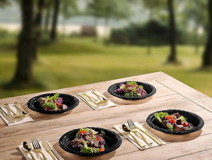 Munfix 100 Pack Black Plastic Dinner Plates, 9 Inch Disposable Plates Bulk Pack, Party Plates for BBQ, Picnic, Parties, Travel and Events, Microwavable Recyclable