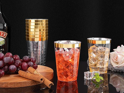 Nervure 120PCS Gold Rim Plastic Cups - 12oz Heavy Duty Plastic Cups - Fancy Clear Disposable Cup with Gold Rimmed for Wedding, Birthday, Party