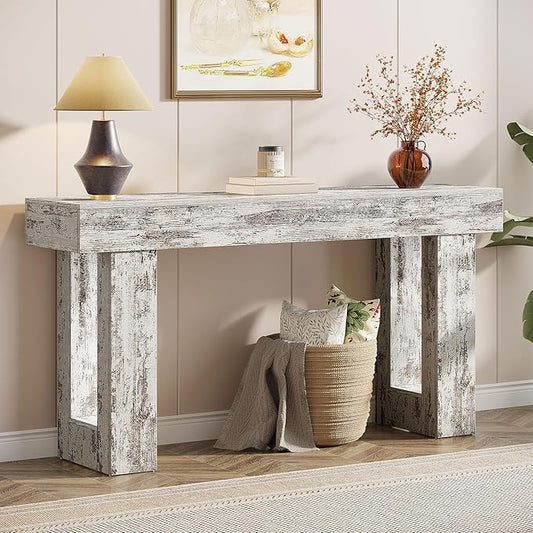 Tribesigns 63-Inch Long Console Table, Wooden Rectangular Sofa Table Behind The Couch, Farmhouse Entryway Table for Entrance, Hallway, Living Room (Distressed White)