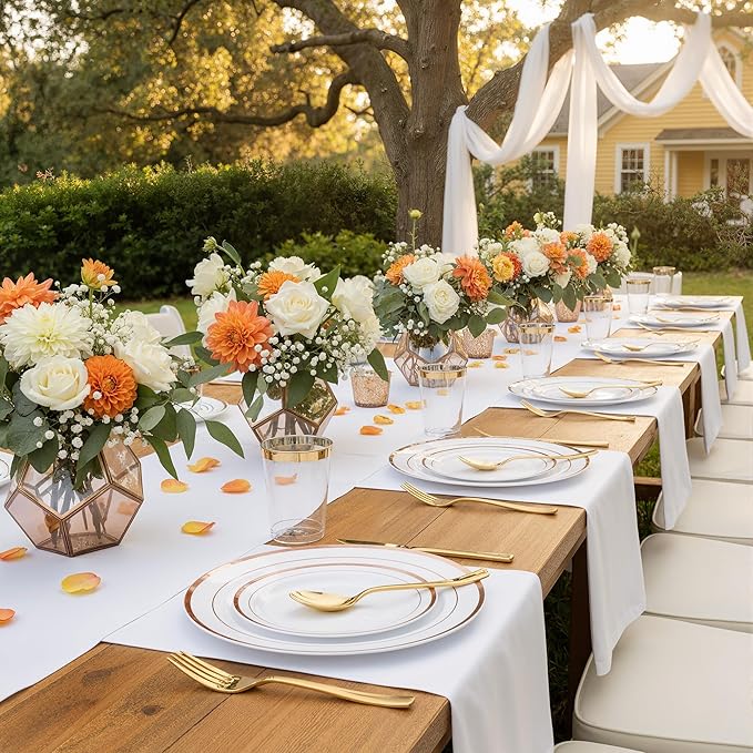 350 Pieces Rose Gold Disposable Plates for 50 Guests, Disposable Plastic Plates, Dinnerware Set of 50 Dinner Plates, 50 Salad Plates,50 Cups and 50 Paper Napkins for Party, Wedding, Celebration