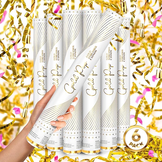 GOLD Streamers Confetti Cannon - 16" GOLD Streamers Party Poppers, Confetti Shooters/Glitter/Bomb, Streamer Poppers No Mess, Wedding Confetti Send Off, Loud POP, Shoot Up to 40ft