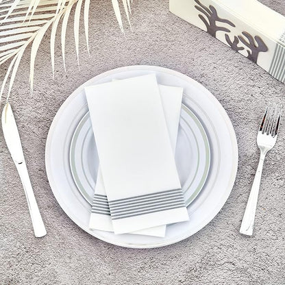LITOPAK 100 Pack Guest Towels Disposable, Soft And Absorbent Bathroom Napkins, Paper Guest Towels for Bathrooms, Party, Wedding or Events. White and Silver